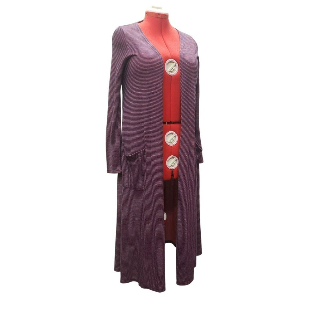 Lularoe Sarah Long Cardigan Purple & Red Striped Open Front With Pockets Size S